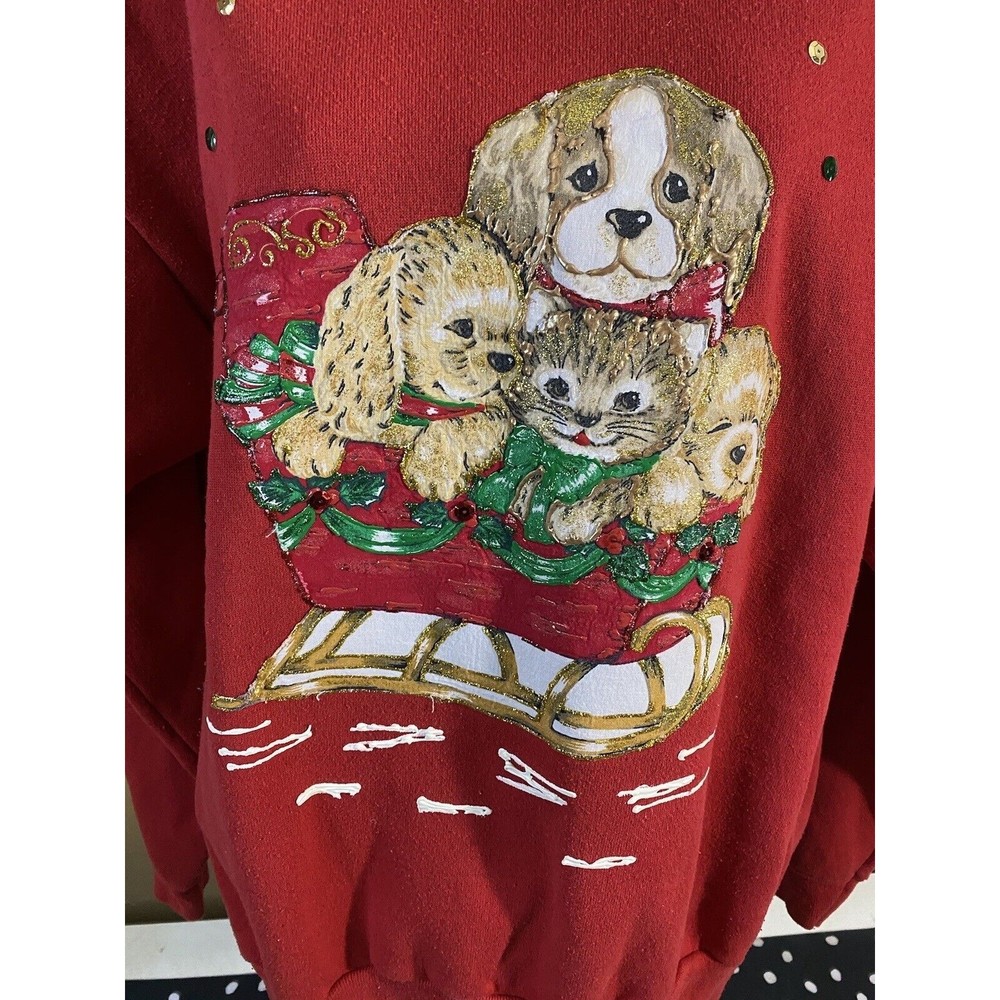 Vintage Embroidered/ Puppies In Sleigh Santa With Gifts 2side Sweatshirt Size XL - Picture 2 of 16